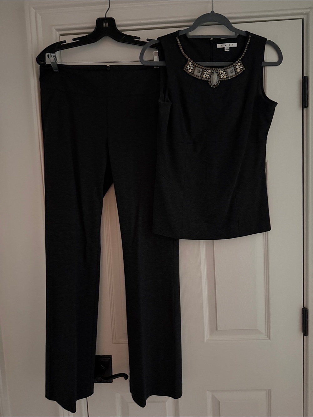 CAbi Charcoal Grey Embellished Neck Sleeveless Top and Pants